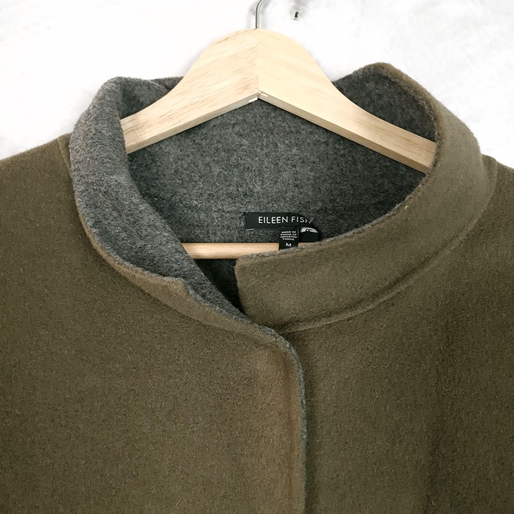 Eileen Fisher Coat Womens M Green Wool Snap Front Collared Mid Length Overcoat - Picture 3 of 16